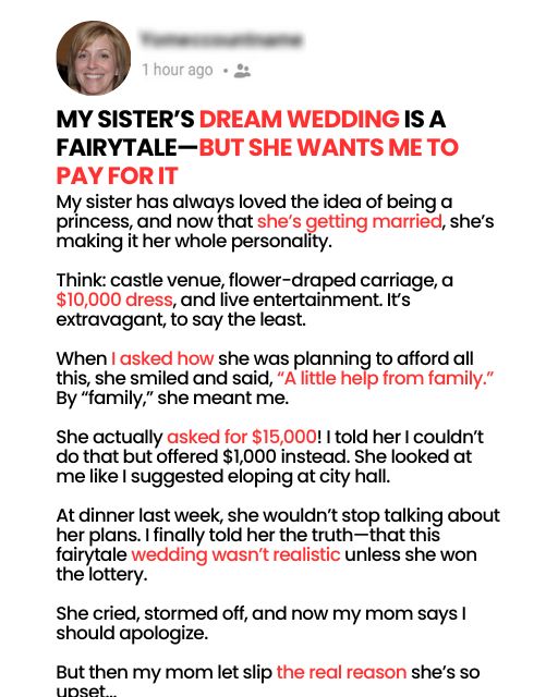 MY SISTER’S DREAM WEDDING IS A FAIRYTALE—BUT SHE WANTS ME TO PAY FOR IT